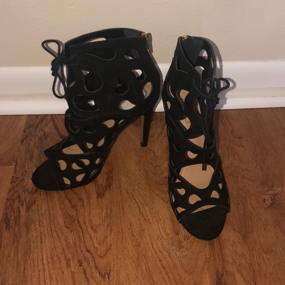 Black tie peek a boo heels